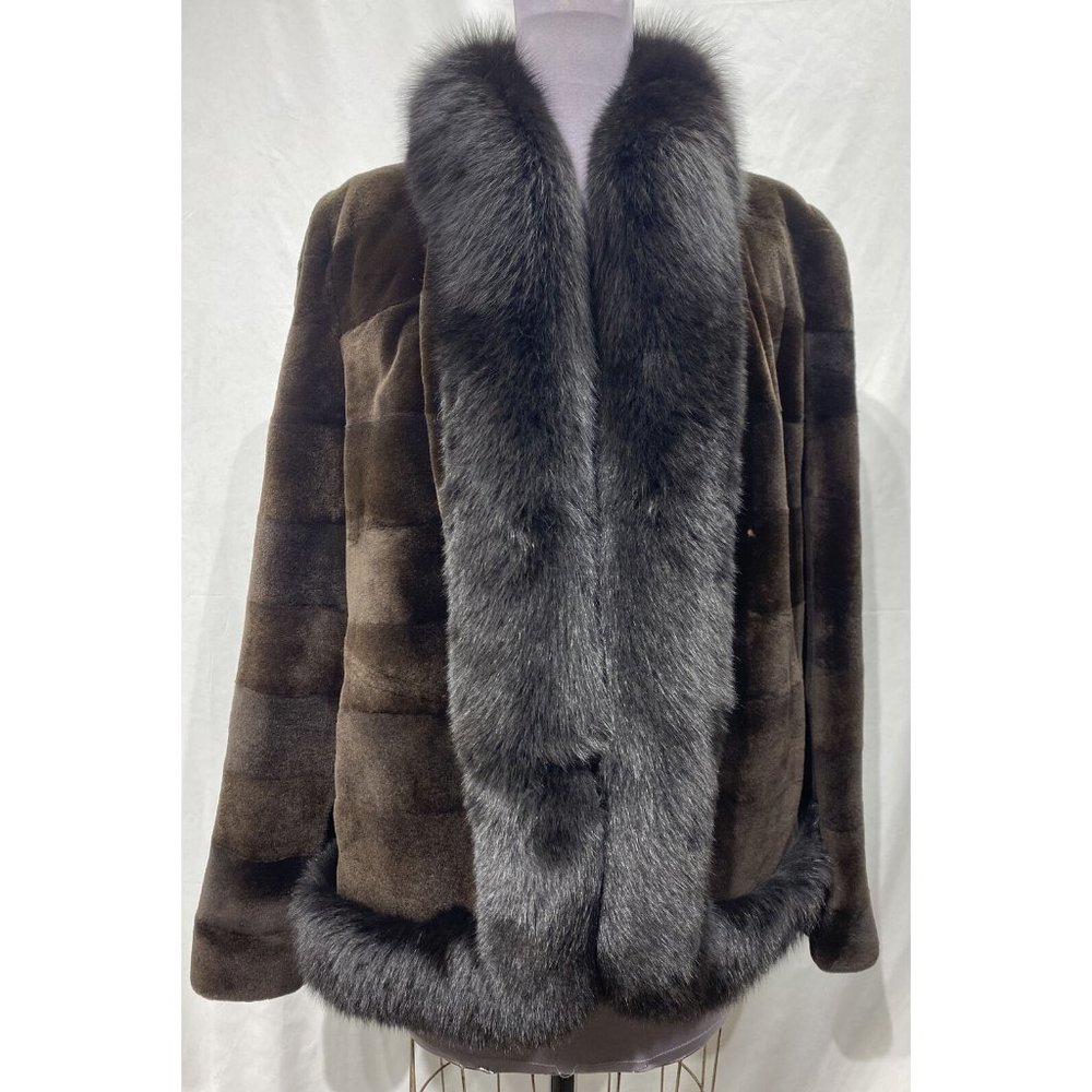 sheared mink jacket dyed brown w/ fox tux + collar  (34420)